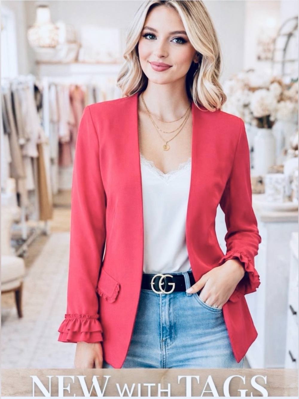 NWT Adrienne Vittadini Pink Ruffle Sleeve Statement Blazer XS Chic Workwear